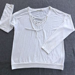 Michael Stars Top Womens L Large White V Neck Lace Up Soft Fuzzy Stretch